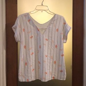 Floral and Striped White Short Sleeved Blouse Top